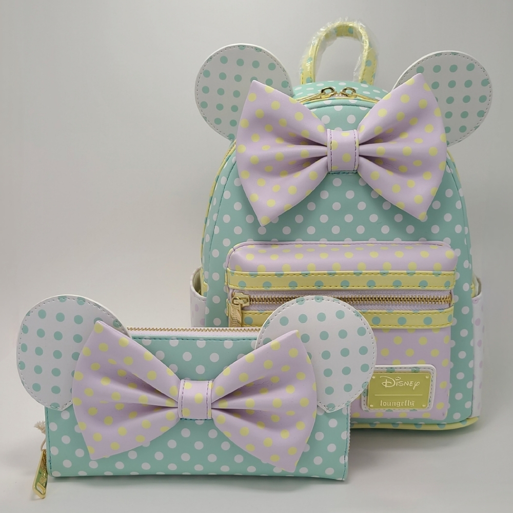 NWT Loungefly Disney Minnie Mouse Pastel Polka Dot Mini Backpack and Wallet Set